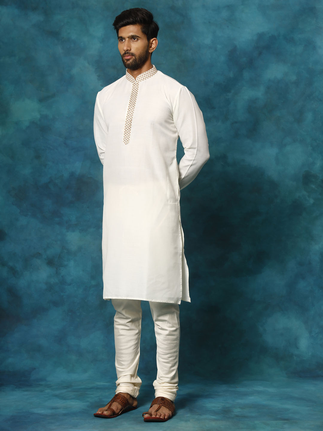 Men's Cream Cotton Blend Kurta Pyjama Set