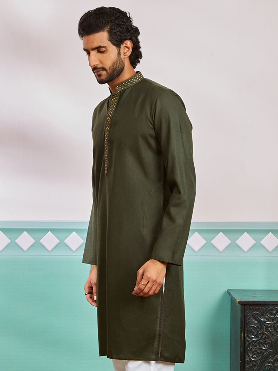 Men's Mehendi Green Cotton Blend Kurta