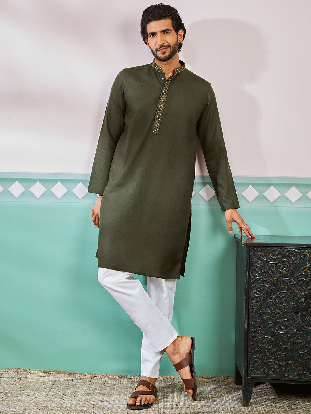 Men's Mehendi Green Cotton Blend Kurta