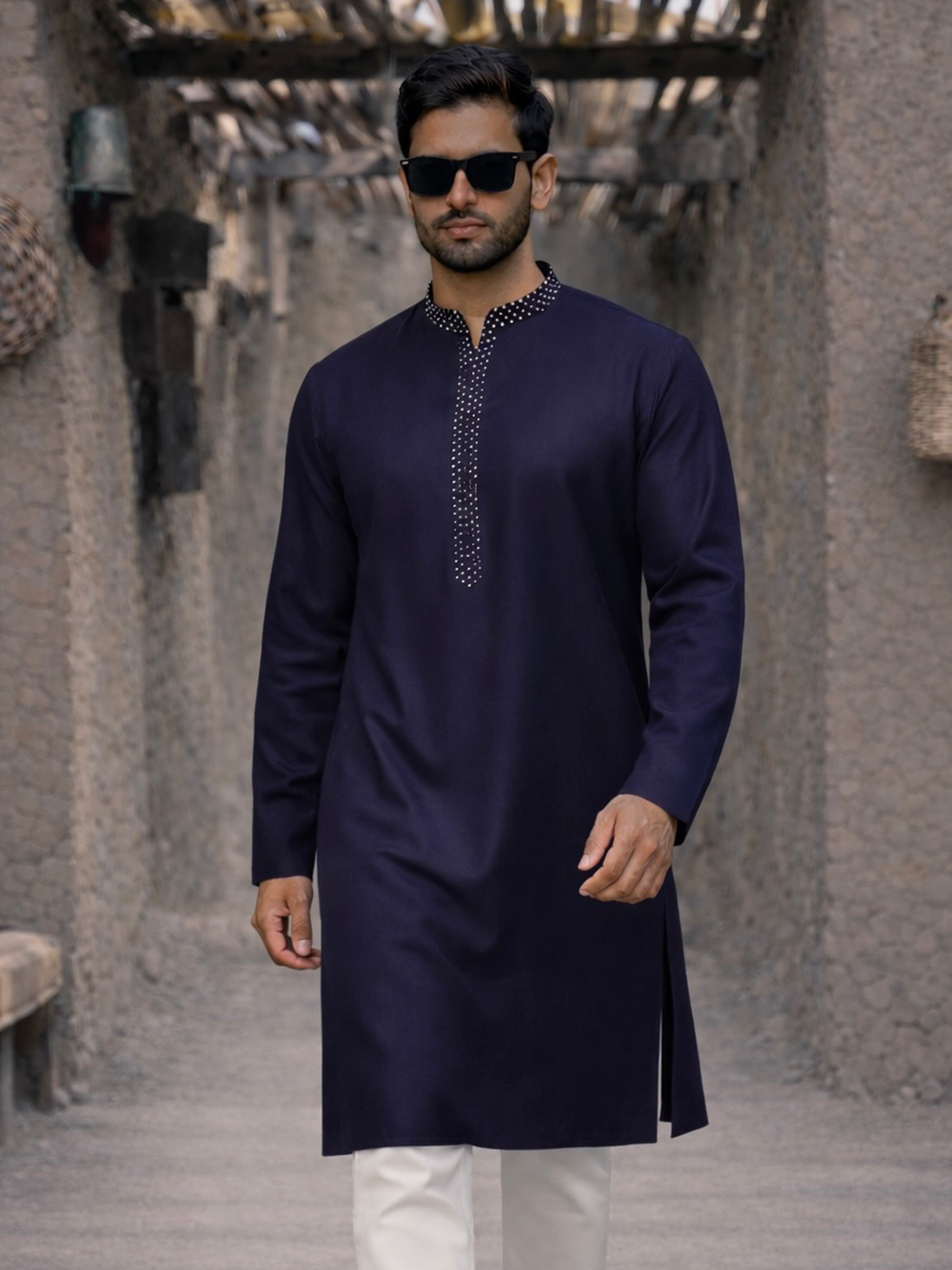 Men's Navy Blue Cotton Blend Ethnic Kurta