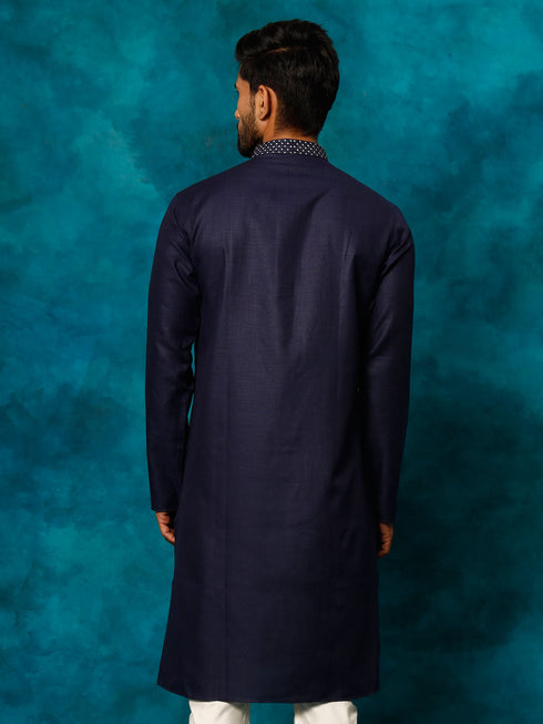 Men's Navy Blue Cotton Blend Ethnic Kurta