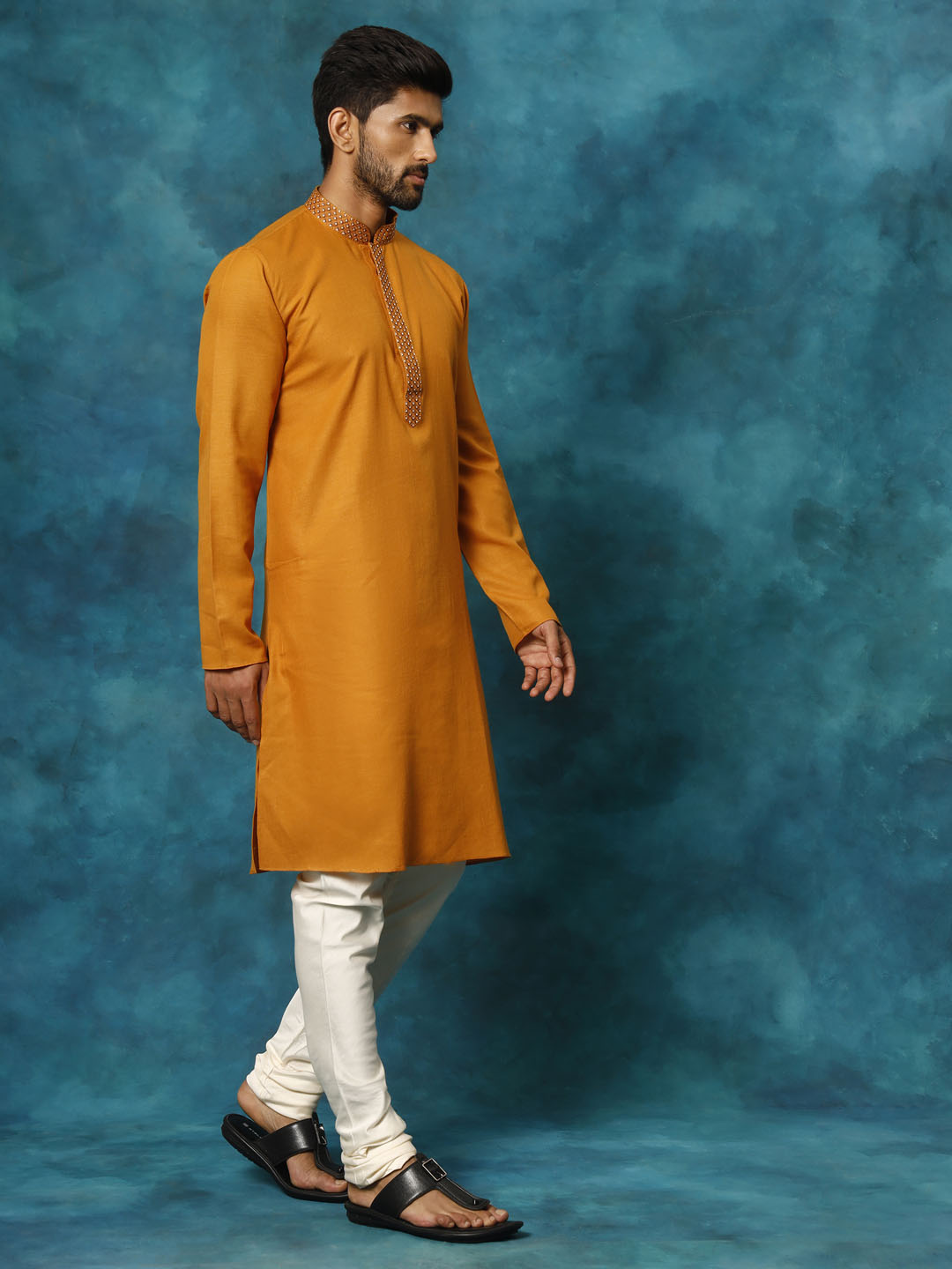 Men's Rust And Cream Cotton Blend Kurta Pyjama Set