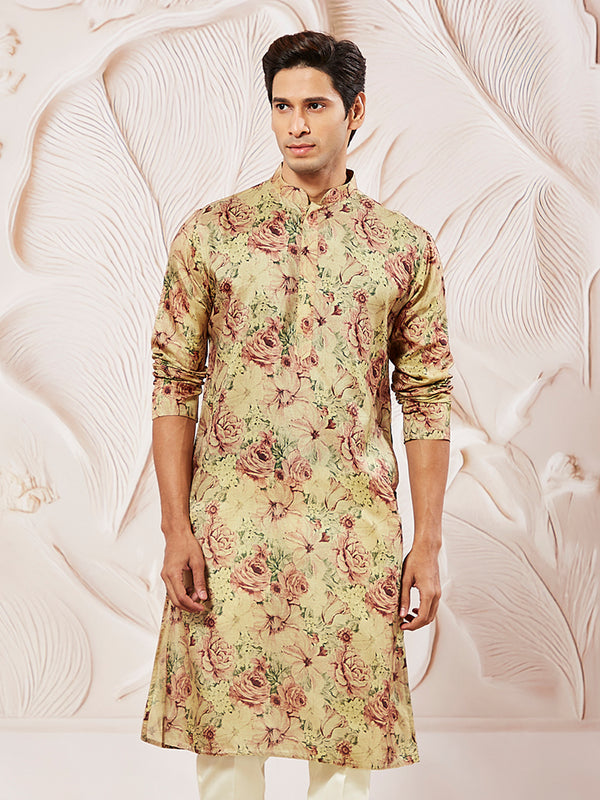 Men's Beige Floral Printed Straight Kurta