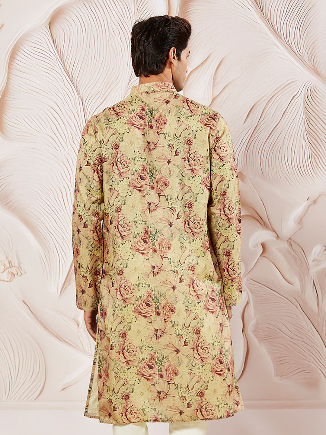 Men's Beige Floral Printed Straight Kurta