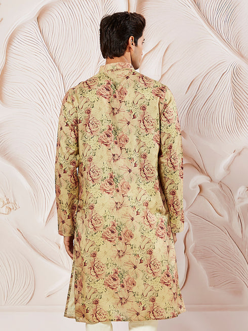 Men's Beige Floral Printed Straight Kurta
