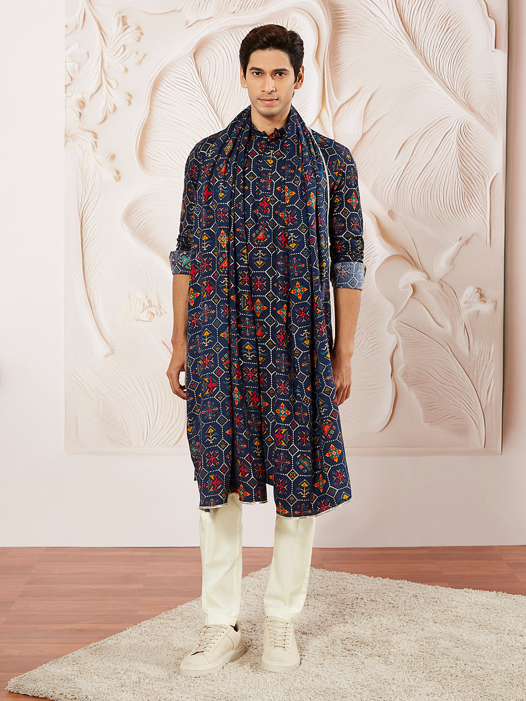 Men's Blue And Cream Rayon Kurta Pyjama And Dupatta Set