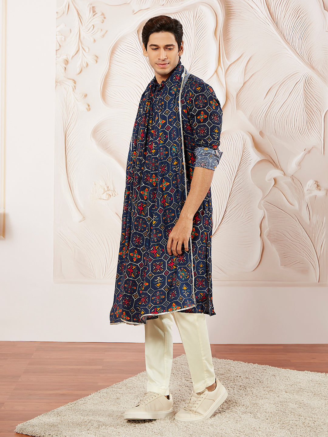 Men's Blue And Cream Rayon Kurta Pyjama And Dupatta Set