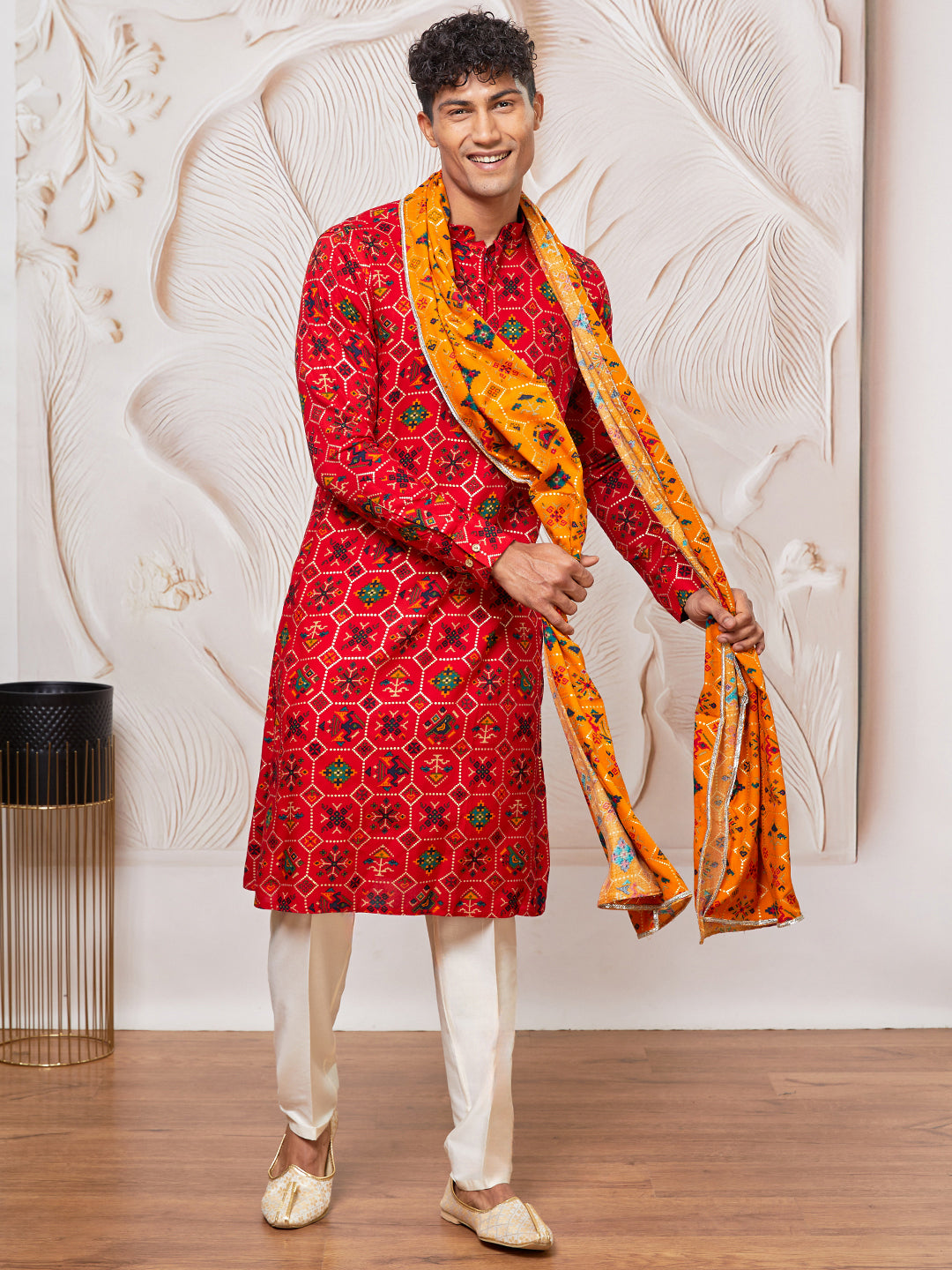 Men's Red Rayon Kurta,Pant And Dupatta Set