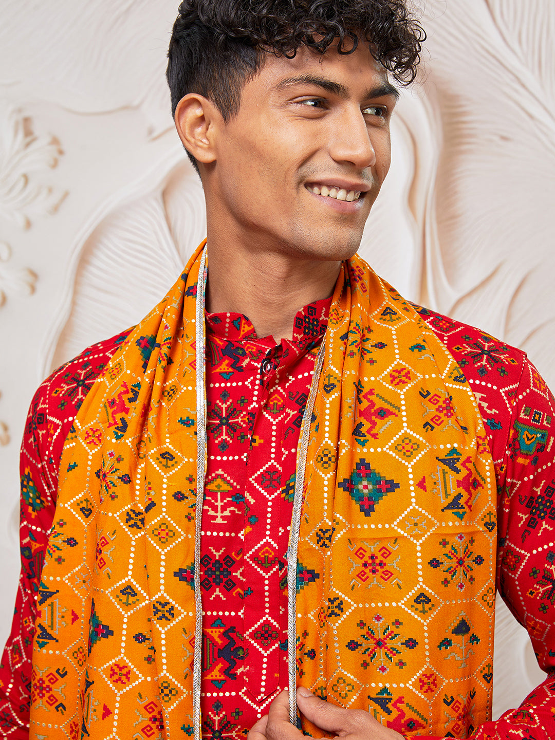 Men's Red Rayon Kurta,Pant And Dupatta Set