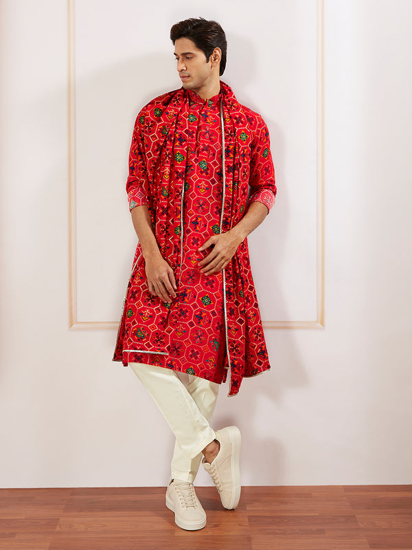 Men's Red And Cream Rayon Kurta Pyjama And Dupatta Set
