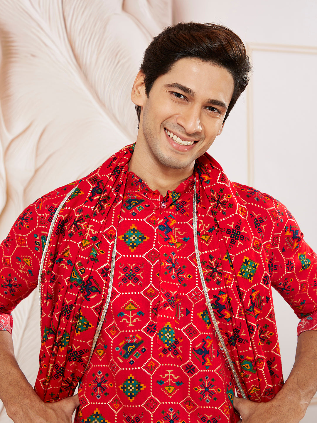 Men's Red And Cream Rayon Kurta Pyjama And Dupatta Set