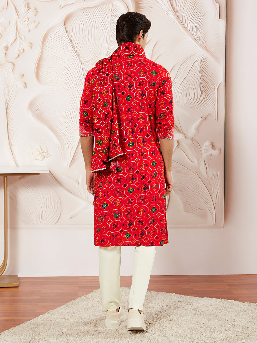 Men's Red And Cream Rayon Kurta Pyjama And Dupatta Set