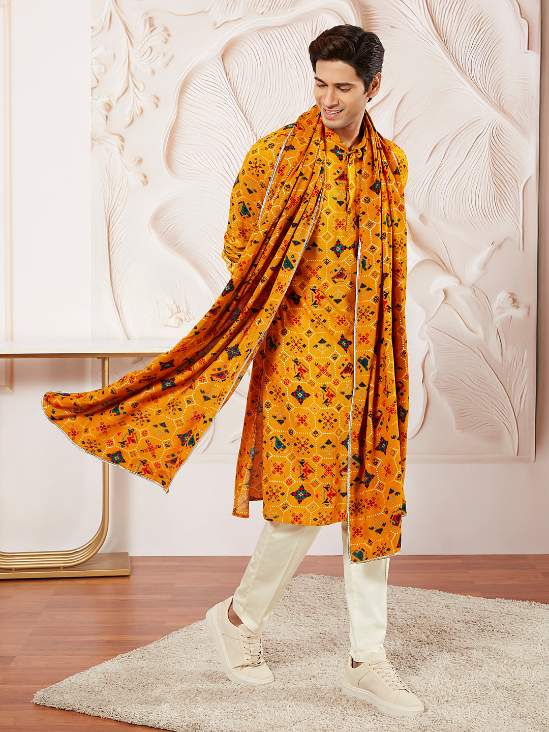 Men's Yellow And Cream Rayon Kurta Pyjama And Dupatta Set