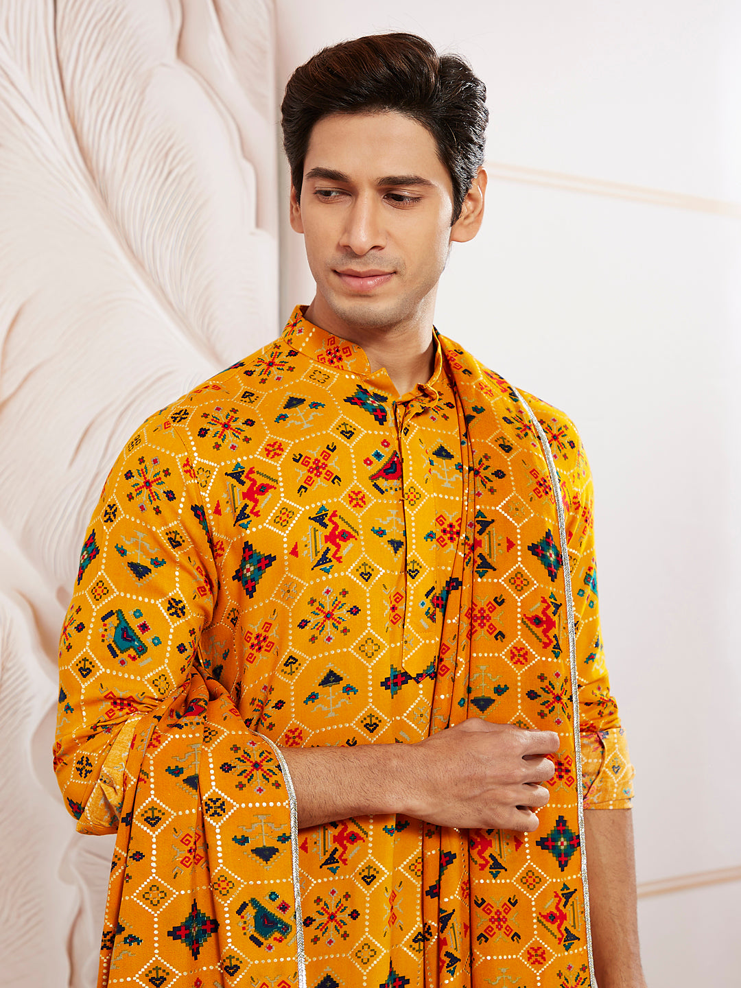 Men's Yellow And Cream Rayon Kurta Pyjama And Dupatta Set