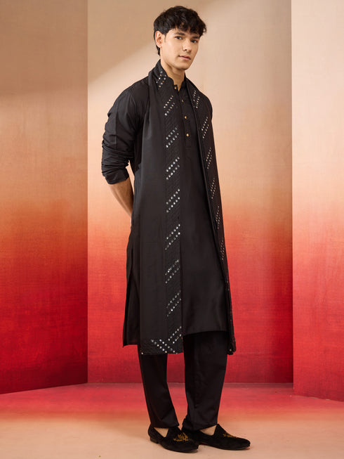 Mens Black Silk Kurta Set with Pant and Mirror Work Dupatta