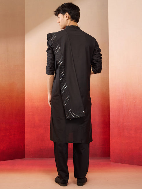 Mens Black Silk Kurta Set with Pant and Mirror Work Dupatta