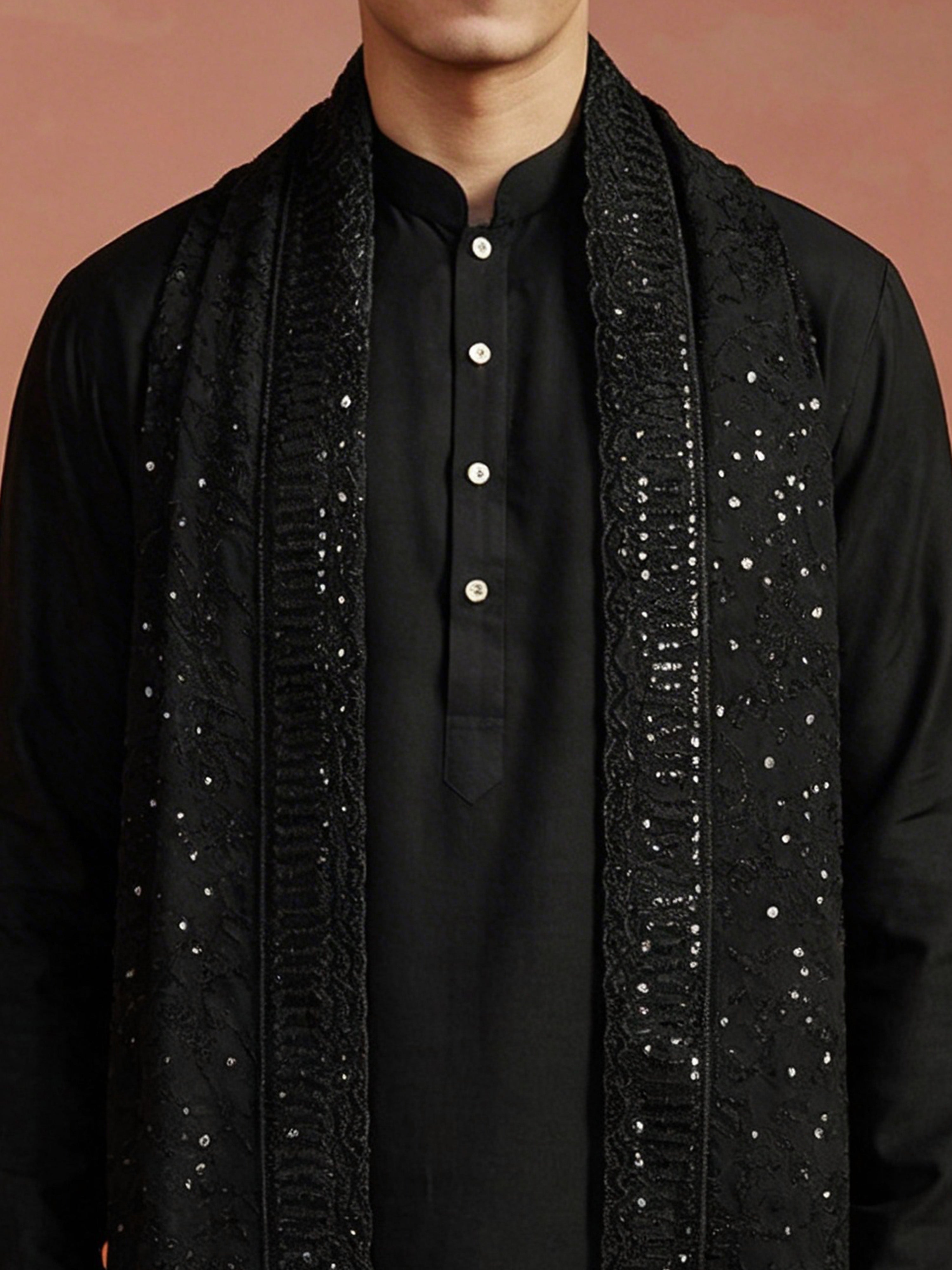 Men Black Solid Silk Blend Kurta with Pyjama & Georgette Thread Work Dupatta Set