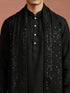 Men Black Solid Silk Blend Kurta with Pyjama & Georgette Thread Work Dupatta Set