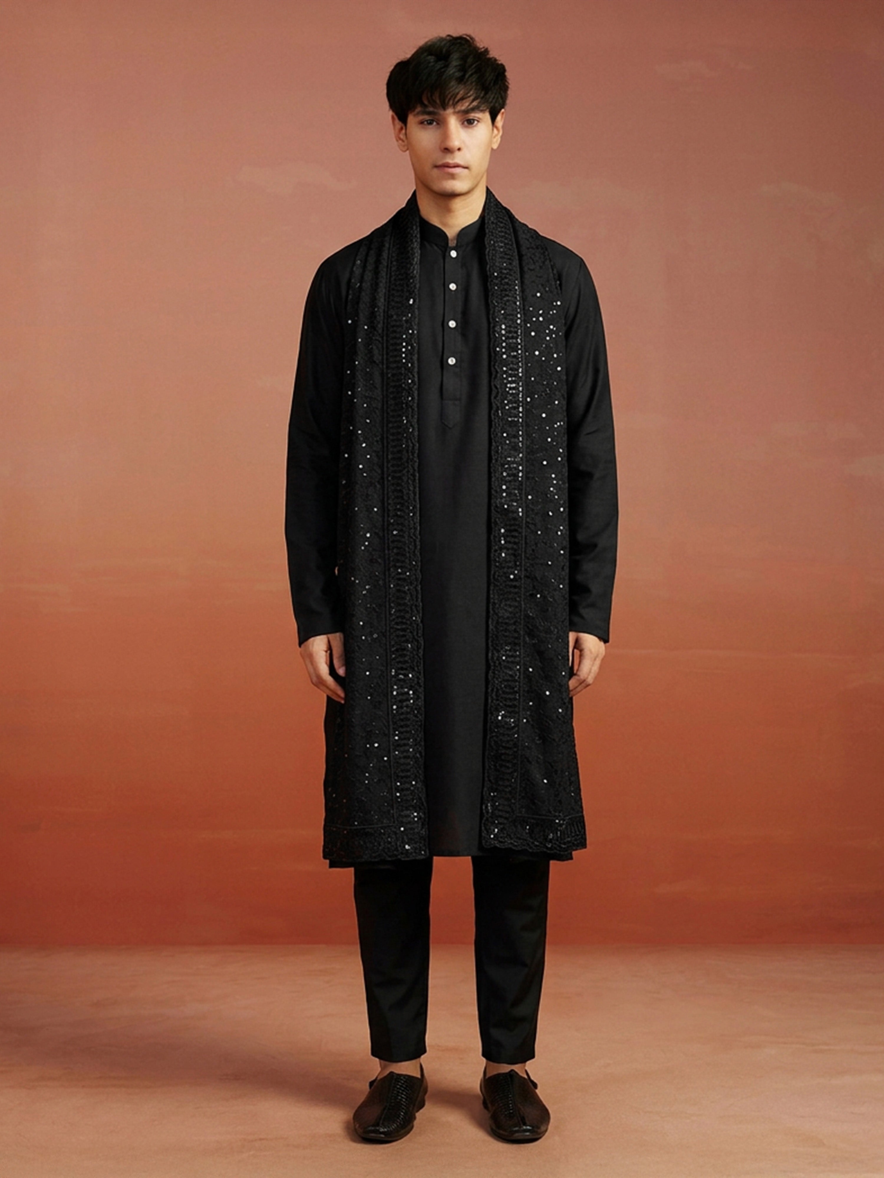Men Black Solid Silk Blend Kurta with Pyjama & Georgette Thread Work Dupatta Set
