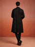Men Black Solid Silk Blend Kurta with Pyjama & Georgette Thread Work Dupatta Set