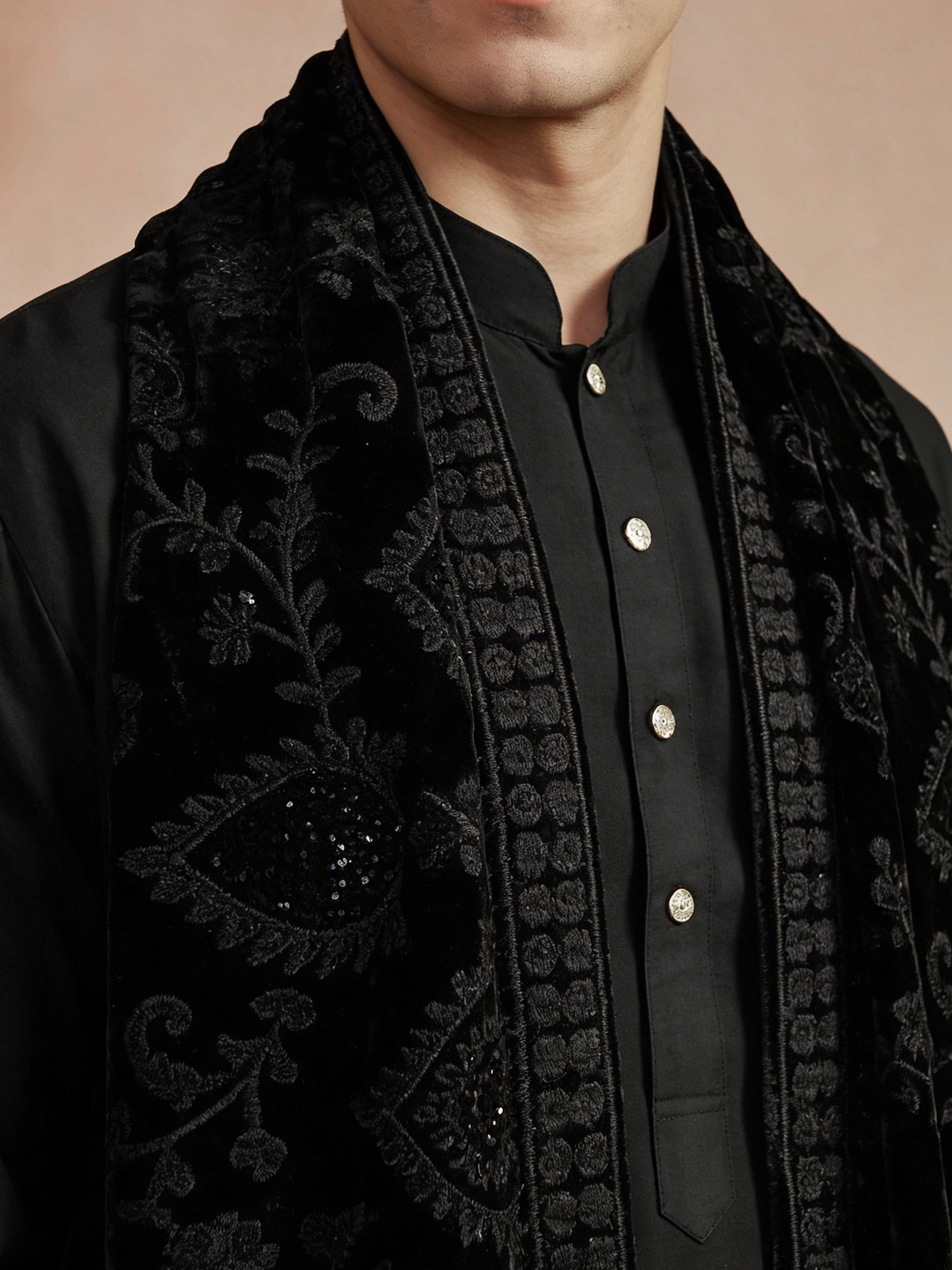 Men Black Solid Silk Blend Kurta with Pyjama & Embroidered Velvet Dupatta Set