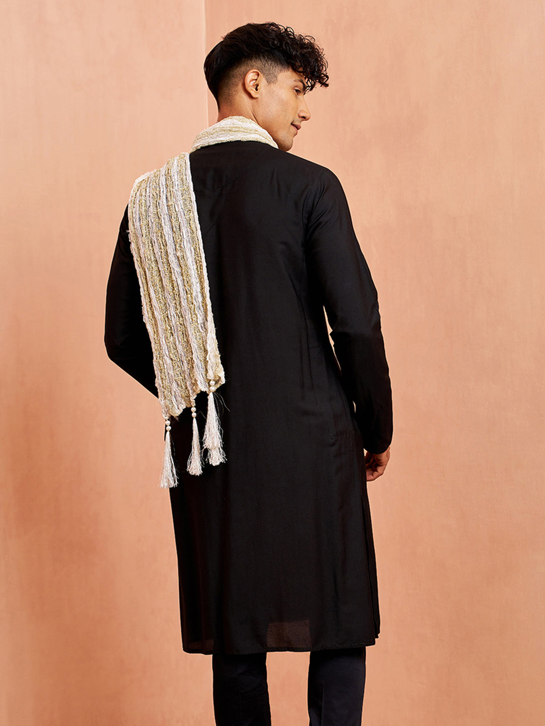 Men's Black Kurta Pyjama Set with White Dupatta