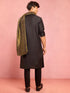Men's Black Silk Blend Kurta with Pant Pyjama & Mehendi Green Dupatta Set
