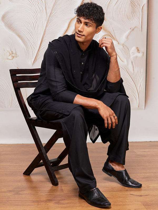 Men's Black Viscose Kurta,Patiala And Dupatta Set.