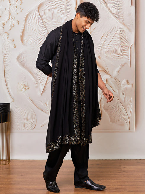 Men's Black Viscose Kurta,Patiala And Dupatta Set