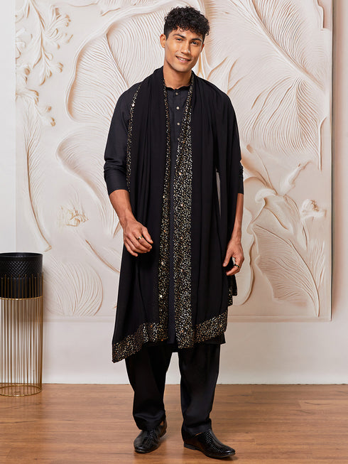 Men's Black Viscose Kurta,Patiala And Dupatta Set
