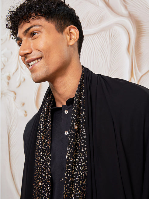 Men's Black Viscose Kurta,Patiala And Dupatta Set