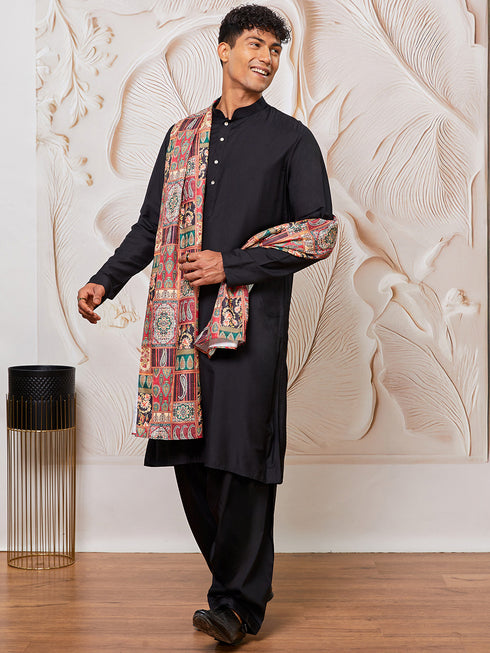 Men's Black Viscose Kurta, Patiala And Dupatta Set.