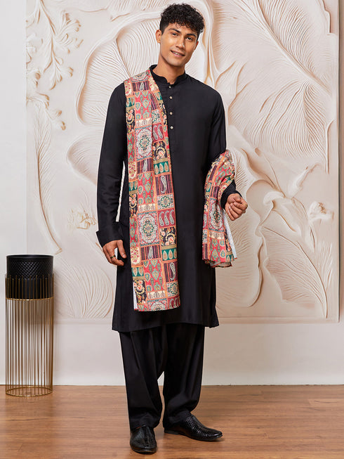 Men's Black Viscose Kurta, Patiala And Dupatta Set.