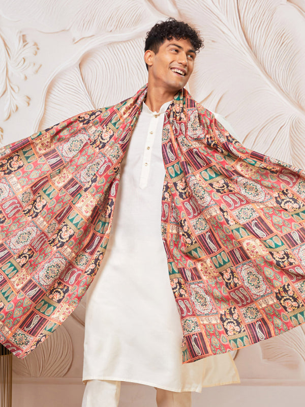 Men Cream Solid Silk Blend Kurta with Multicolour Paisley Print Dupatta Set