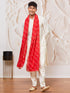 Men Cream Solid Kurta with Cream Pyjama & Red Bandhani Printed Dupatta