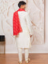 Men Cream Solid Kurta with Cream Pyjama & Red Bandhani Printed Dupatta
