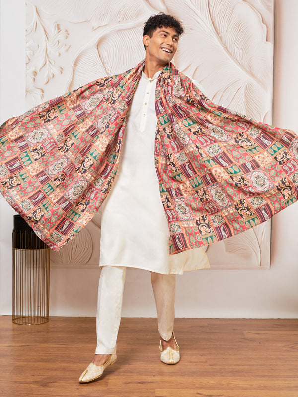 Men Cream Kurta with Solid Bottom & Maroon Printed Festive Dupatta