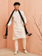 Men Cream Kurta with Solid Bottom & Black Crushed Festive Dupatta