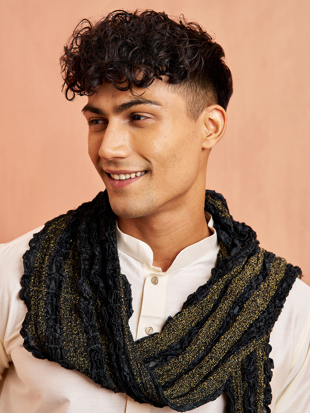 Men Cream Kurta with Solid Bottom & Black Crushed Festive Dupatta