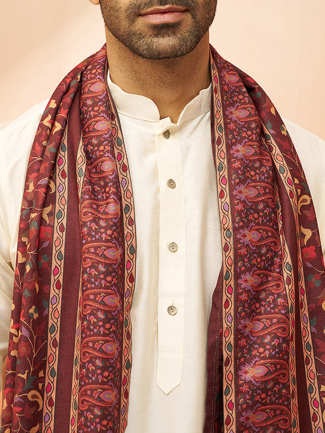 Men Cream Kurta with Solid Bottom & Brown Pashmina Digital Print Dupatta