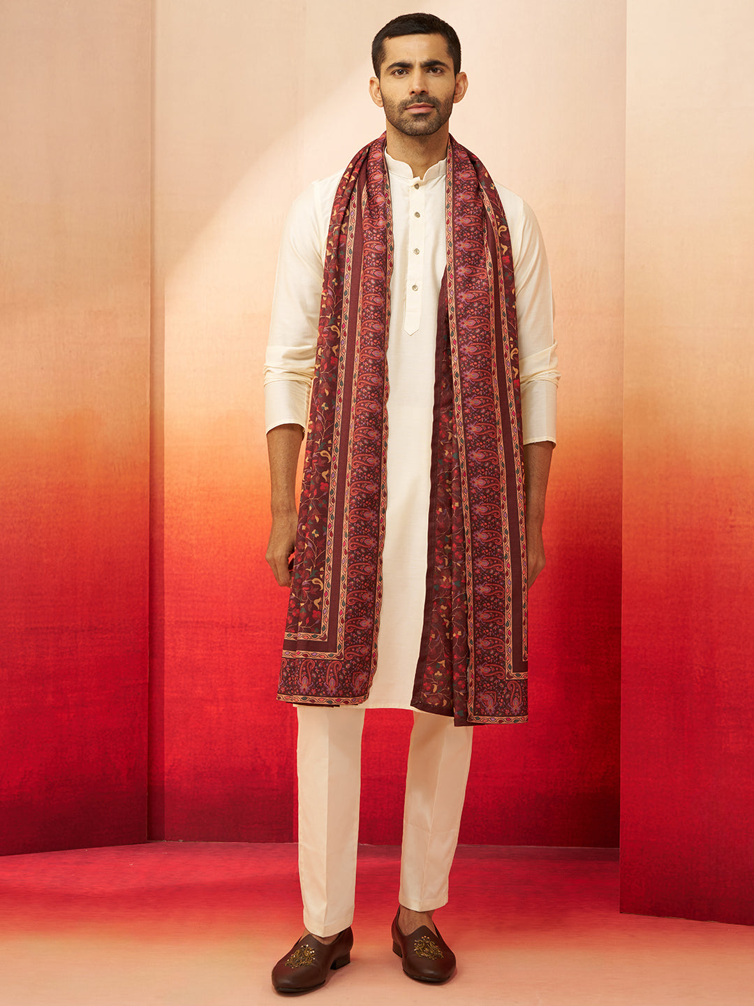 Men Cream Kurta with Solid Bottom & Brown Pashmina Digital Print Dupatta