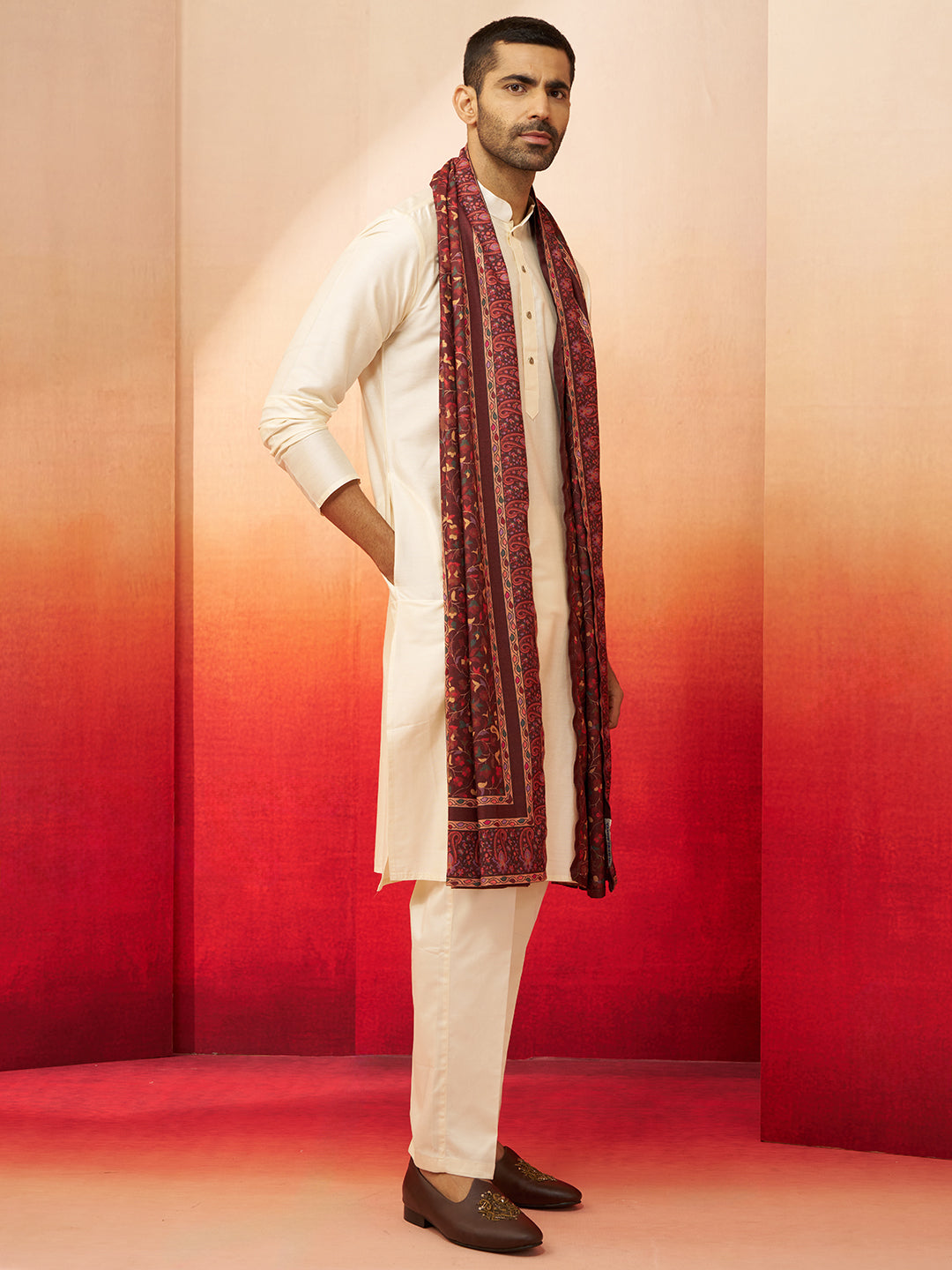 Men Cream Kurta with Solid Bottom & Brown Pashmina Digital Print Dupatta