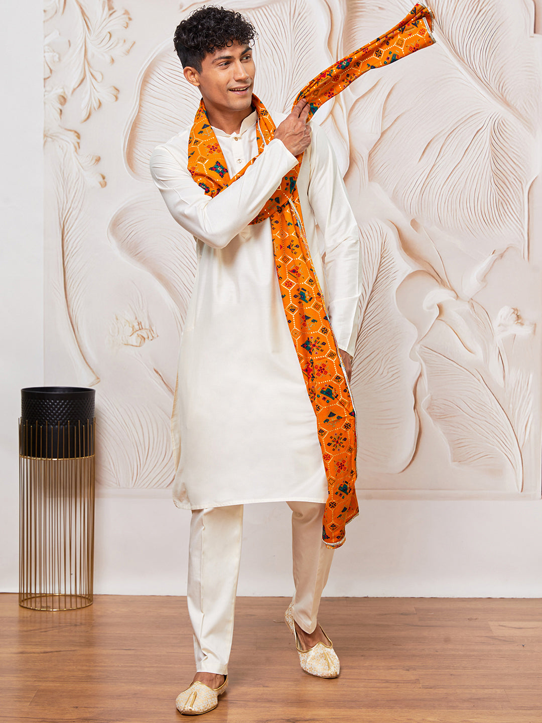Men's Cream Viscose Kurta, Pant And Dupatta Set