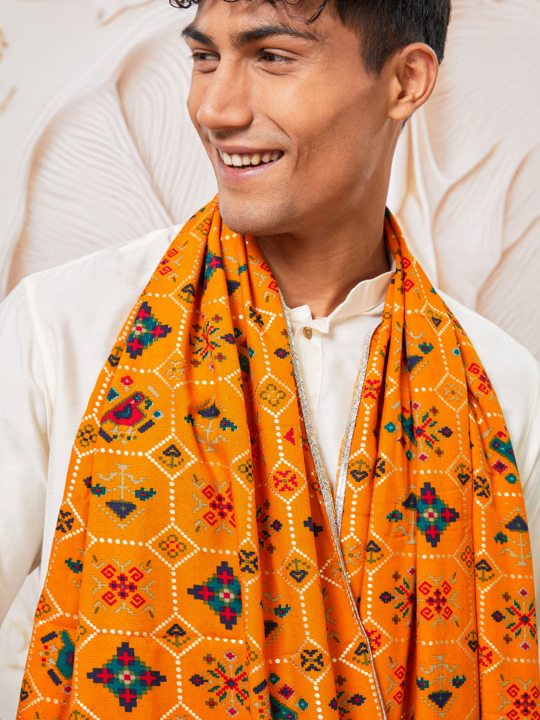 Men's Cream Viscose Kurta, Pant And Dupatta Set