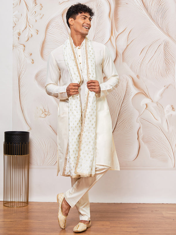 Men's Cream Viscose Kurta, Pant And Dupatta Set