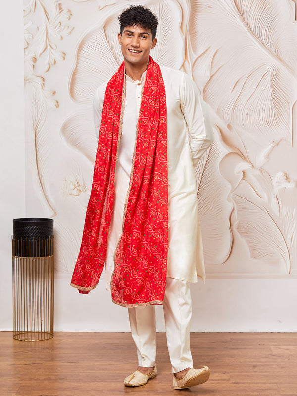 Men's Cream Viscose Kurta, Pant And Dupatta Set