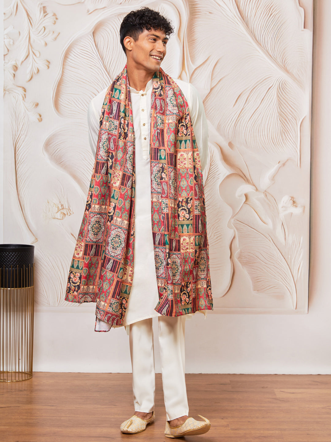 Men's Cream Viscose Kurta, Pant And Dupatta Set