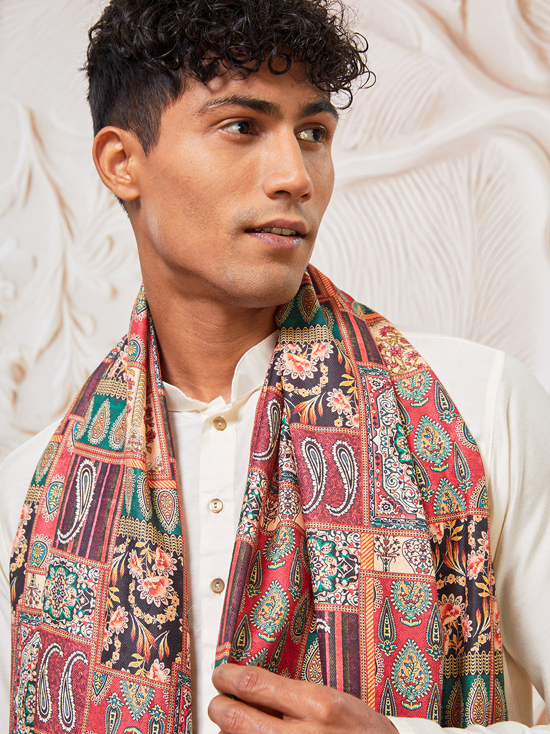 Men's Cream Viscose Kurta, Pant And Dupatta Set