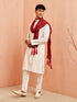 Vastramay Men Cream Silk Kurta Pyjama Set - 3 Piece with Maroon Dupatta Wedding Wear