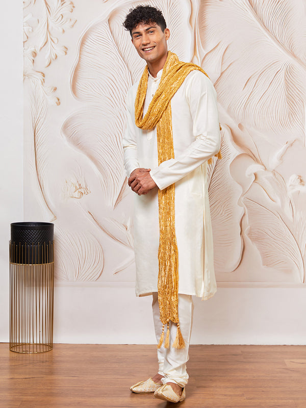 Men's Cream Viscose Kurta, Pant And Dupatta Set